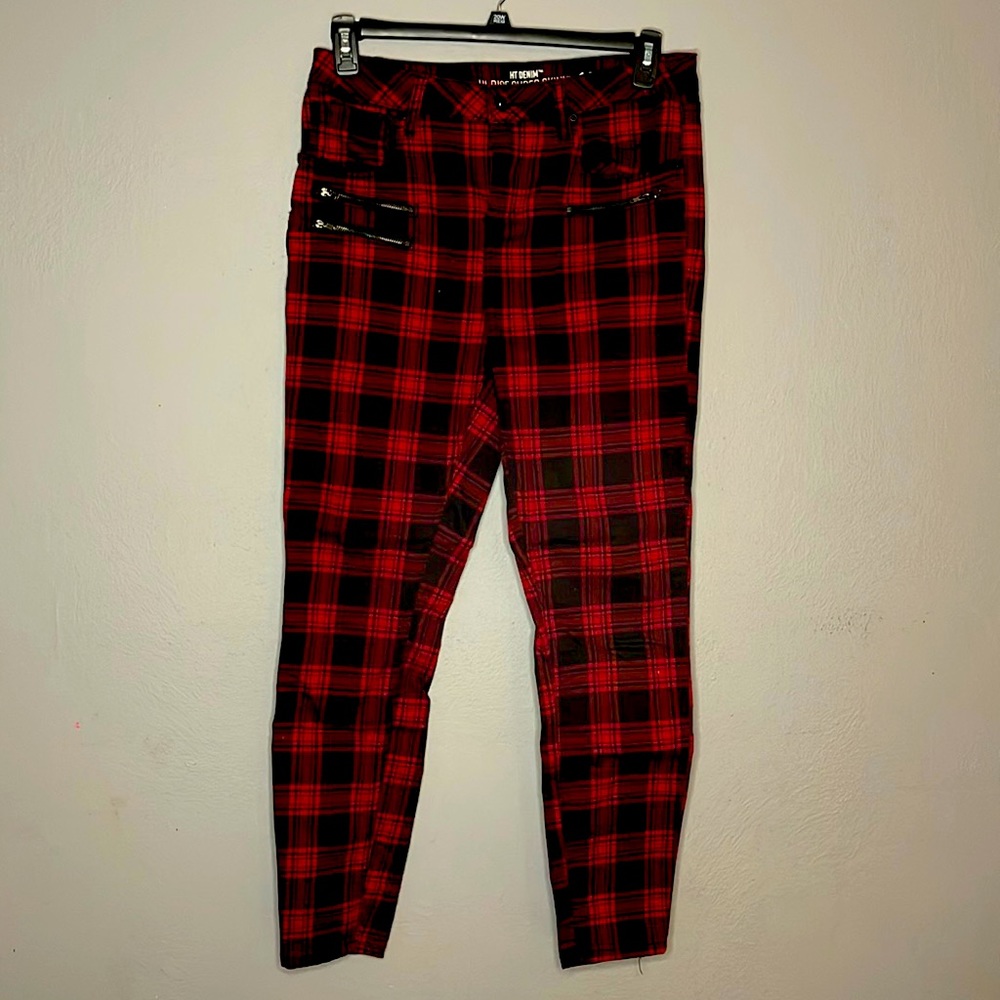 Red plaid skinny jeans
